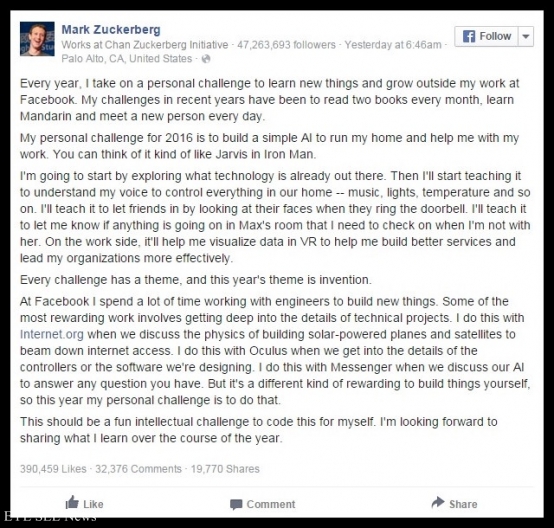 Mark Zuckerberg在臉書公布新年計畫。（圖／Mark Zuckerberg臉書）