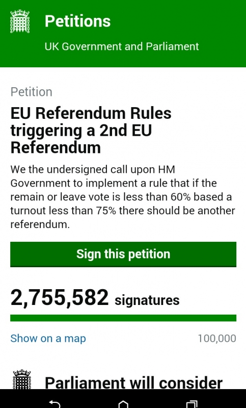 逾200萬人聯署，要求進行第二次｢脫歐｣公投。圖／翻攝於Petitions