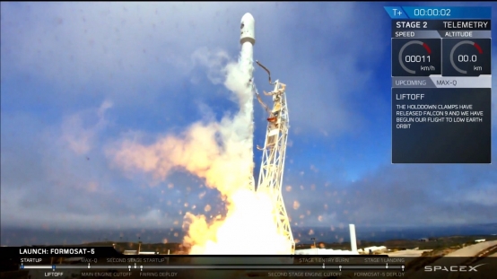 台灣自主研發製造的福爾摩沙衛星五號，昨凌晨順利發射升空，為台灣航太產業帶來無限商機。  圖／取自SpaceX公司YouTube