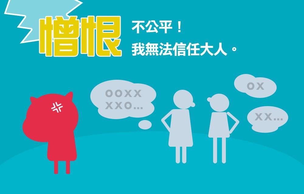 【懲罰可能帶來後果：憎恨(Resentment)】「不公平！我無法信任大人。」 可能因此對這社會充滿敵意、憤世嫉俗。圖／遠流出版授權提供。